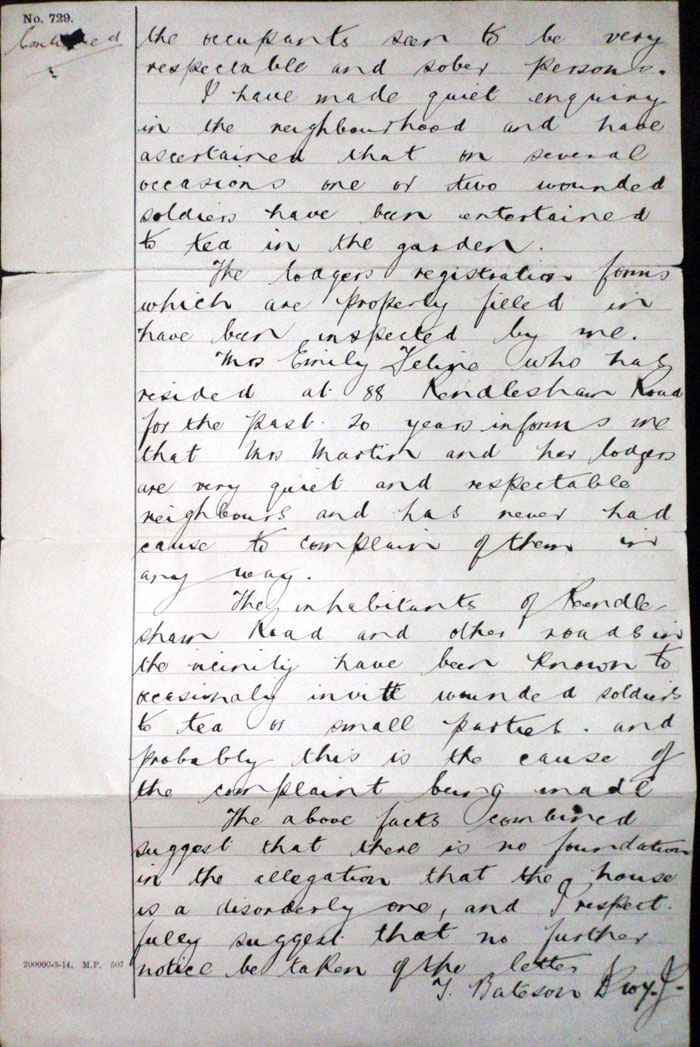 Letter of complaint against a brothel: Police Report, 20th May 1917, page 2
