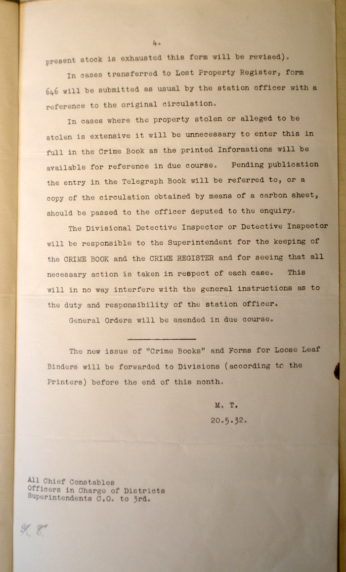 Memo from the Commissioner's Office on Crime Records, 20th May 1932
