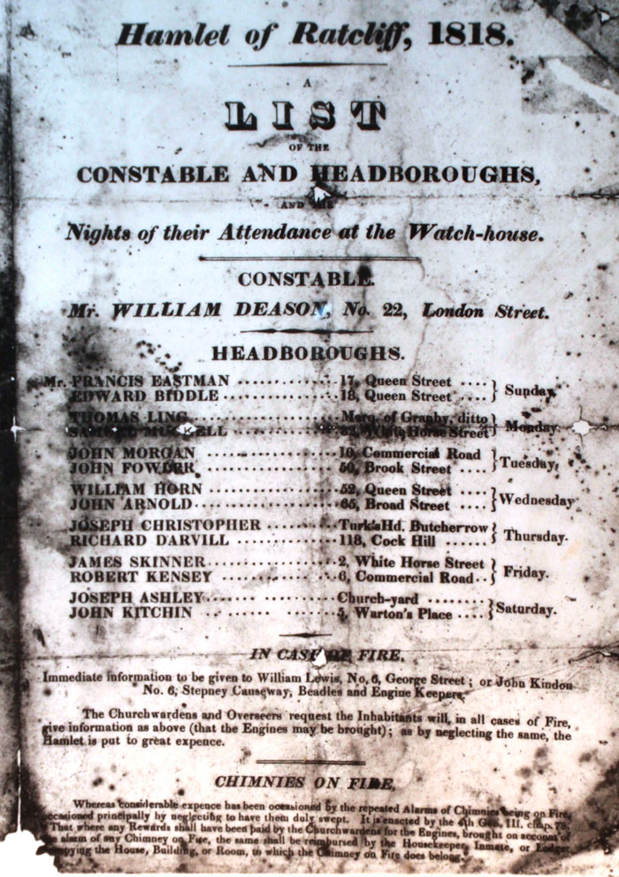 List of the constable and headboroughs for Ratcliff in 1818