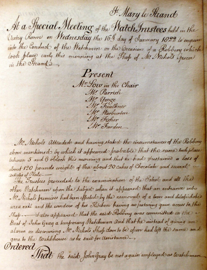 Minutes of St Mary le Strand Watch Trustees for 16th January 1822