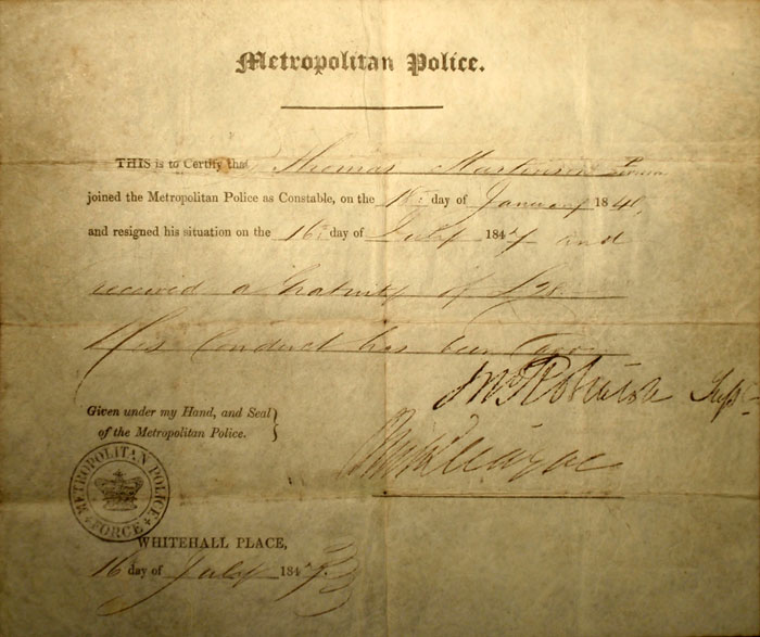 Certificate of Resignation for Thomas Hartinson 16th July 1847