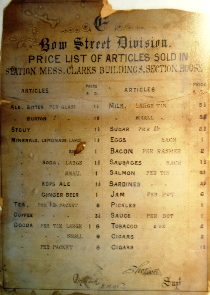 Price list for a section house mess in Bow Street Division, 1895