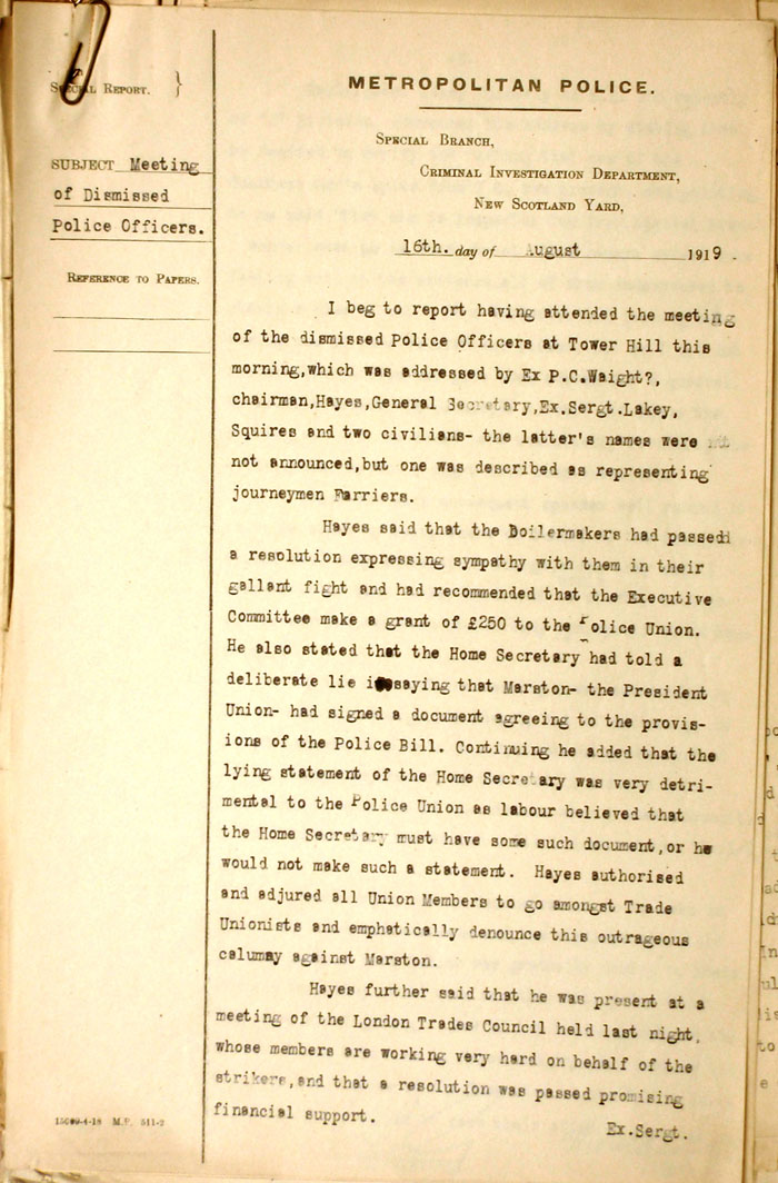 Report on Meeting of Dismissed Officers, 16th August 1919