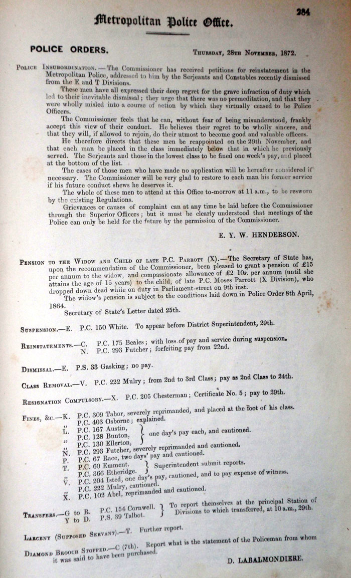 Metropolitan Police Orders, 28th November 1872