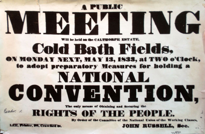 Notice of public meeting at Cold Bath Fields, 13th May 1833