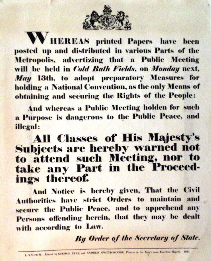Order banning the public meeting at Cold Bath Fields, 13th May 1833