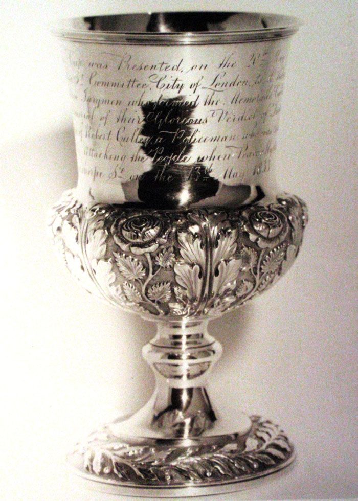 Cup presented by the Milton Street Committee to the jury in the Culley case, 1833