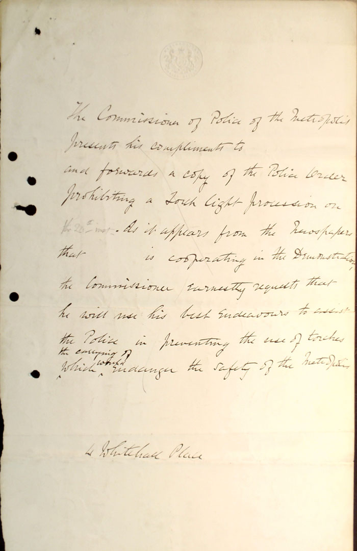 Warren's letter to Heald concerning the procession on 24th October 1887