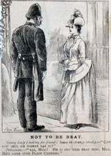 cartoon showing a young lady asking a constable for directions