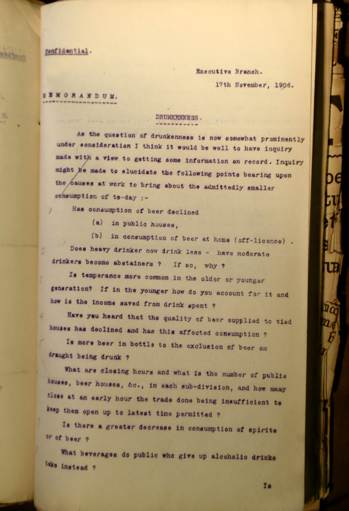 Memorandum on Drunkenness, 17th November 1906, page 1