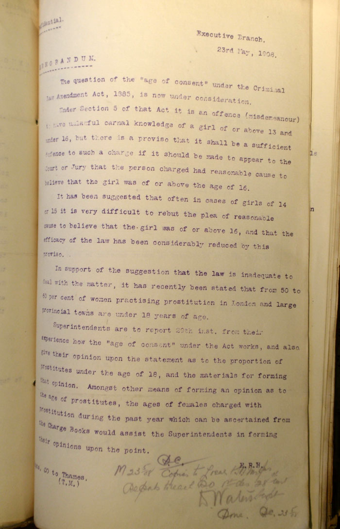 Memorandum on the Age of Consent, 23rd May 1908