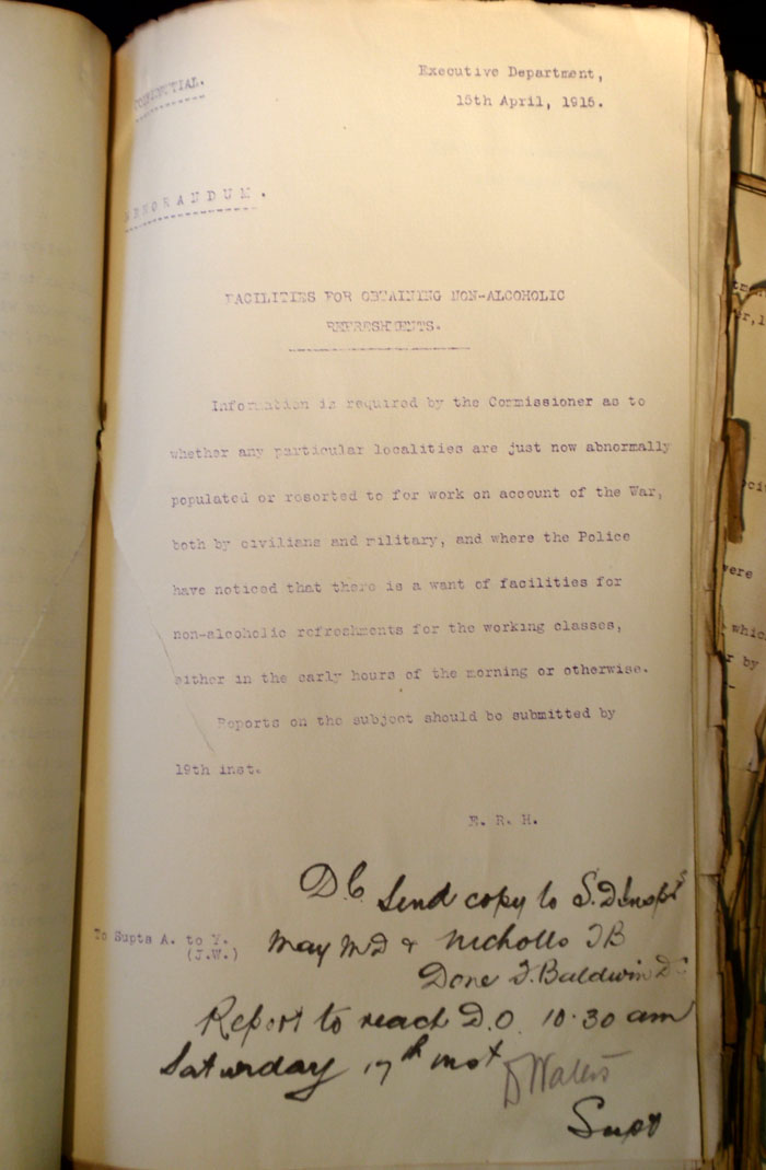 Memorandum: Facilities for obtaining non-alcoholic refreshments, 15th April 1915