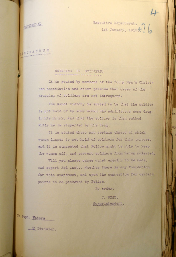 Memorandum: Drinking by soldiers, 1st January 1916