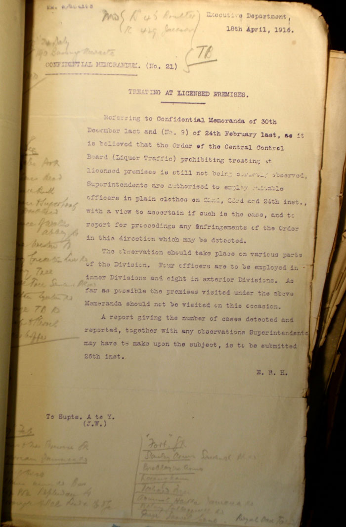 Memorandum: Treating at licensed premises, 18th April 1916