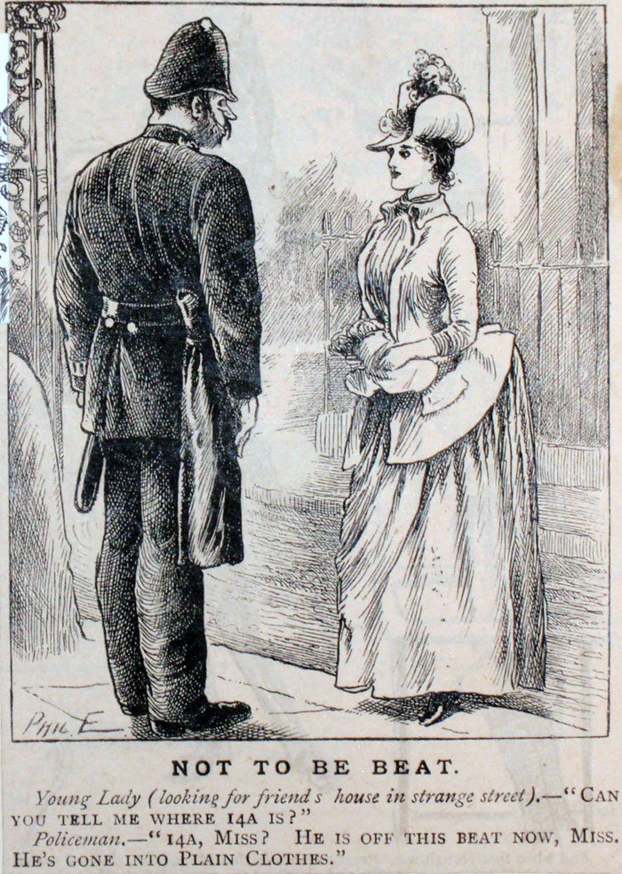 cartoon showing a young lady asking a constable for directions