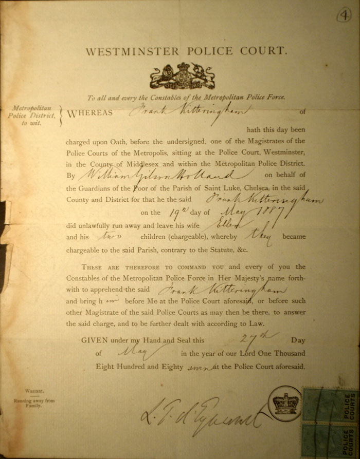 Arrest warrant for Frank Kitteringham, 27th May 1887