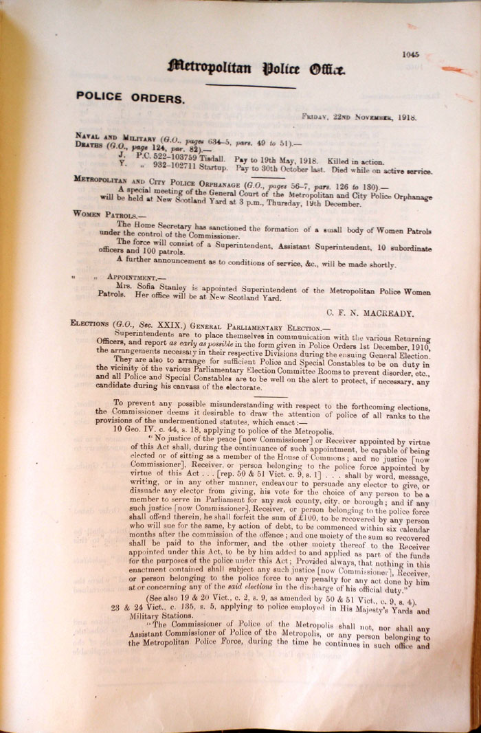Police Orders establishing Metropolitan Police Women Patrols, 1918