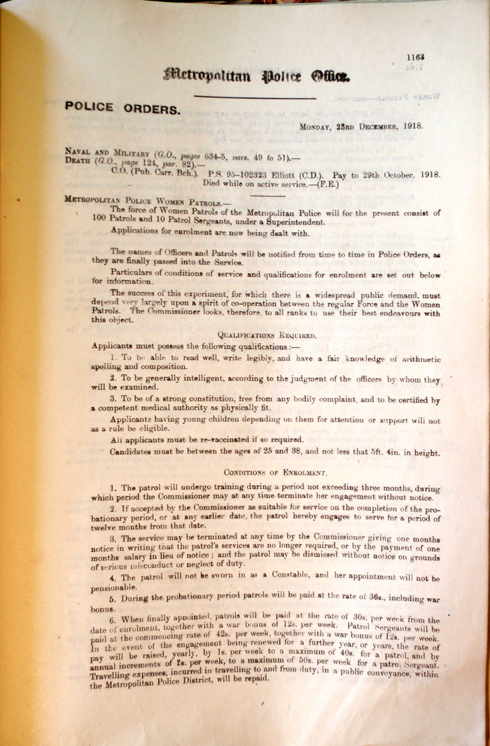 Police Orders outlining qualifications for Women Patrols, 1918