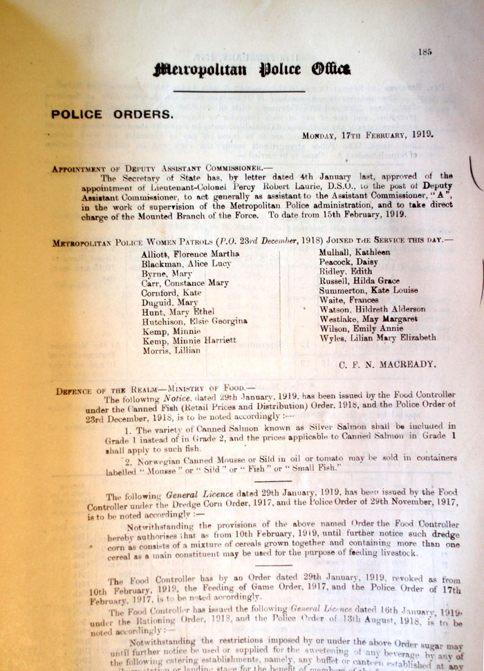 Police Orders announcing the first Metropolitan Police Women Patrols, 1919