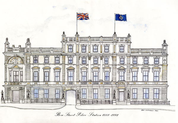 pen and colour wash of Bow Street Police Station by Dan Tor[?], 1991.