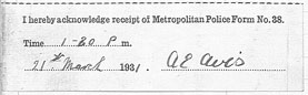 Receipt for Metropolitan Police Form No 38
