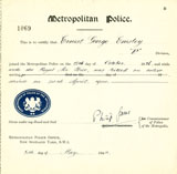 Certificate of Service from the Metropolitan Police noting that Ernie Emsley was killed on active service.