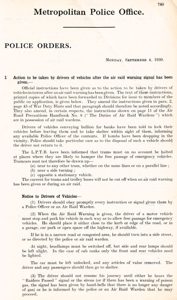 Police orders for drivers of vehicles during an air-raid