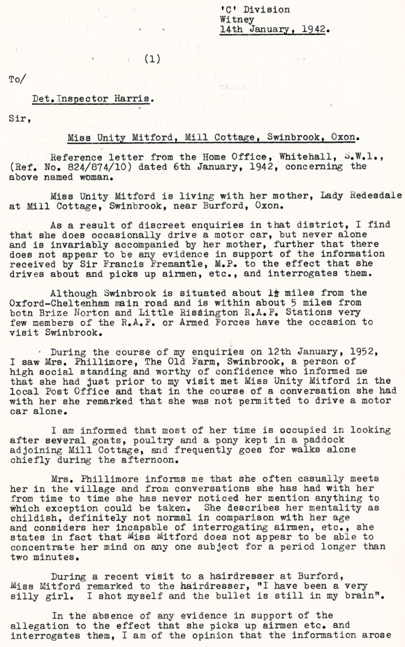 Constable's report on the activities of Unity Mitford page 1