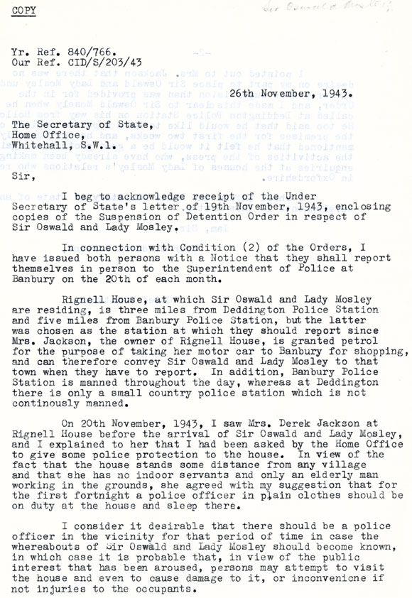St Johnston's letter regarding Sir Oswald and Lady Mosley page 1