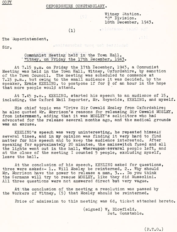 Letter regarding a Communist meeting in Witney page 1