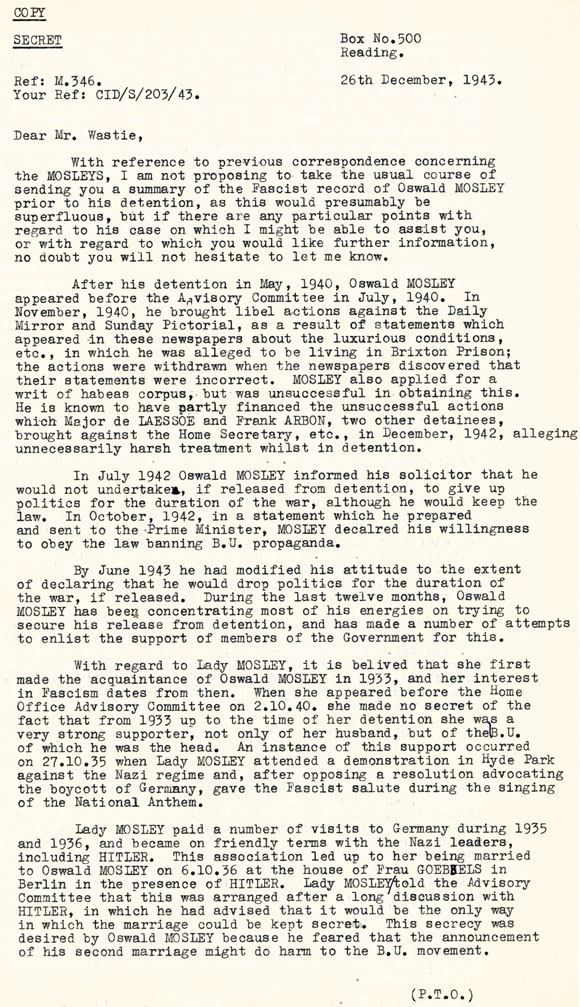 Letter regarding the activities of the Mosleys page 1