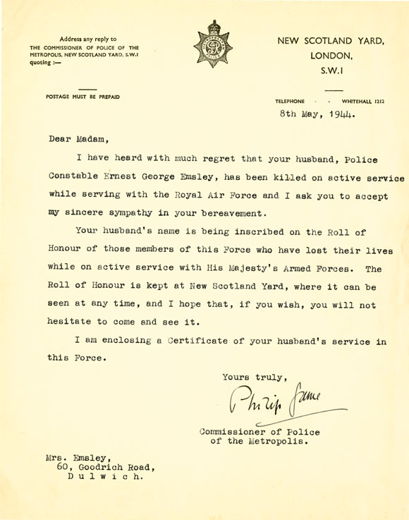 Letter from Sir Philip Game, Commissioner of the Metropolitan Police, to Mrs Emsley concerning the death of her husband