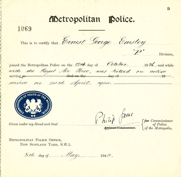 Certificate of Service from the Metropolitan Police noting that Ernie Emsley was killed on active service