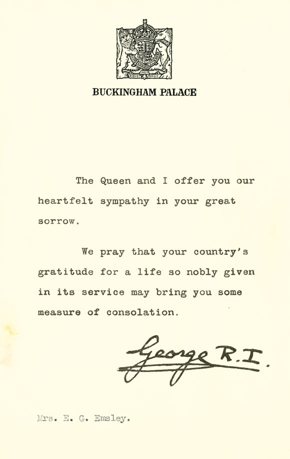 Letter of sympathy from King George to Mrs Emsley