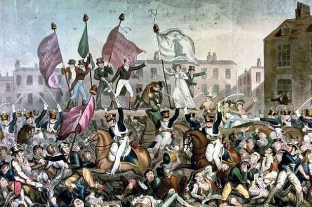 Coloured engraving, depicting the Peterloo Massacre. Richard Carlile, 1819. Creative Commons.