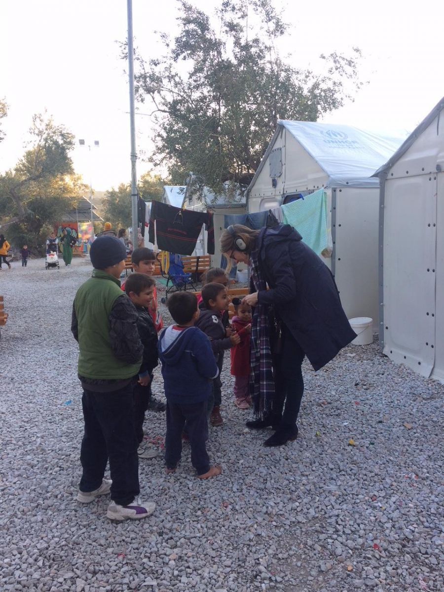 Penny Boreham interviewing children in Kara Tepe refugee camp in Lesvos, Greece.