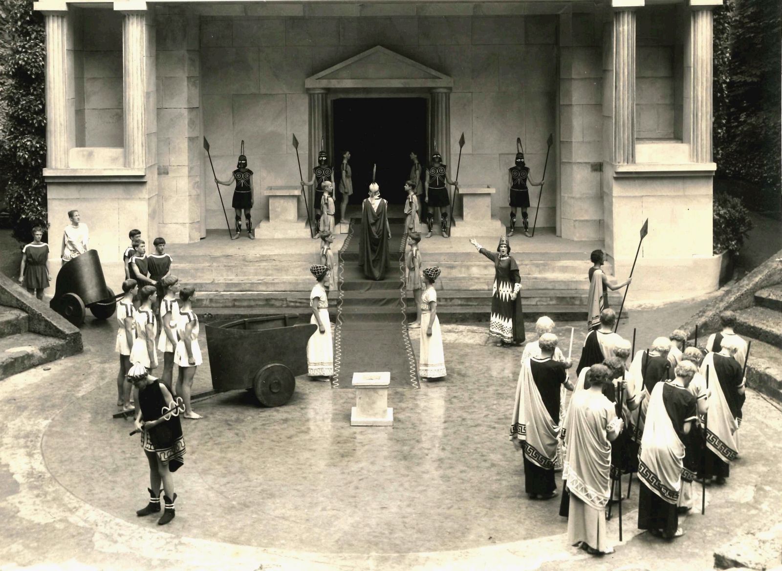 Aeschylus Agamemnon, Bradfield College Theatre, 1958. The king enters his palace over crimson tapestries. 