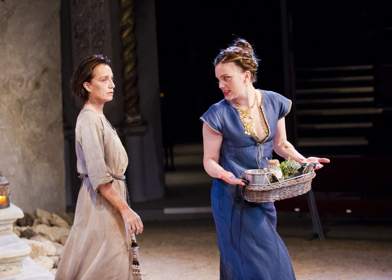 ‘Where are you going? Why are you carrying those offerings?’ Electra (Kristin Scott Thomas) and Chrysothemis (Liz White)