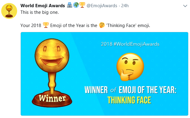 A screenshot from Twitter announcing 'Thinking Face' as Emoji of the Year