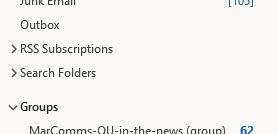 Image of RSS subscriptions subfolder in MS Outlook.