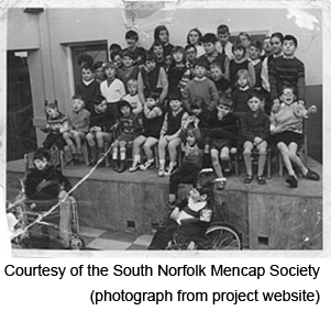 A black and white group image of children from the South Norfolk Mencap Society