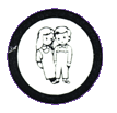 A black and white drawing of two children, a boy and a girl, encircled by a black ring