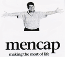 A black and white image of a man with his arms outstretched, with the words 'mencap - making the most of life' below him