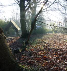A view towards the entrance to Leavesden Graveyard, with weak sunlight filtering down through the trees