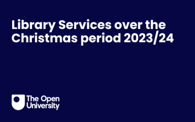 A dark blue background featuring the OU logo underneath the text, 'Library Services over the Christmas period 2023/24'.