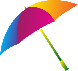 Open umbrella with sections of blue, pink and yellowy orange.