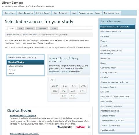 Screenshot showing a top level subject with a list of databases