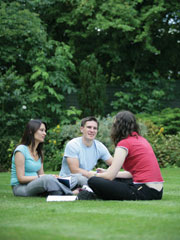 An image of a group of students sitting on the grass talking.