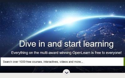 OpenLearn homepage - 'Dive in and start learning. Everything on the multi-award winning OpenLearn is free to everyone! Search over 1000 free courses, interactives, videos and more...'