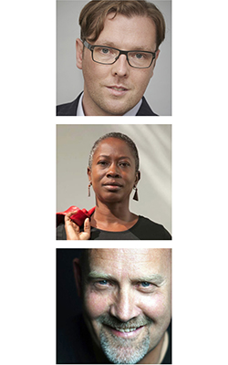 Headshot photos of Damian Barr, Karen Lord and Michael J Malone